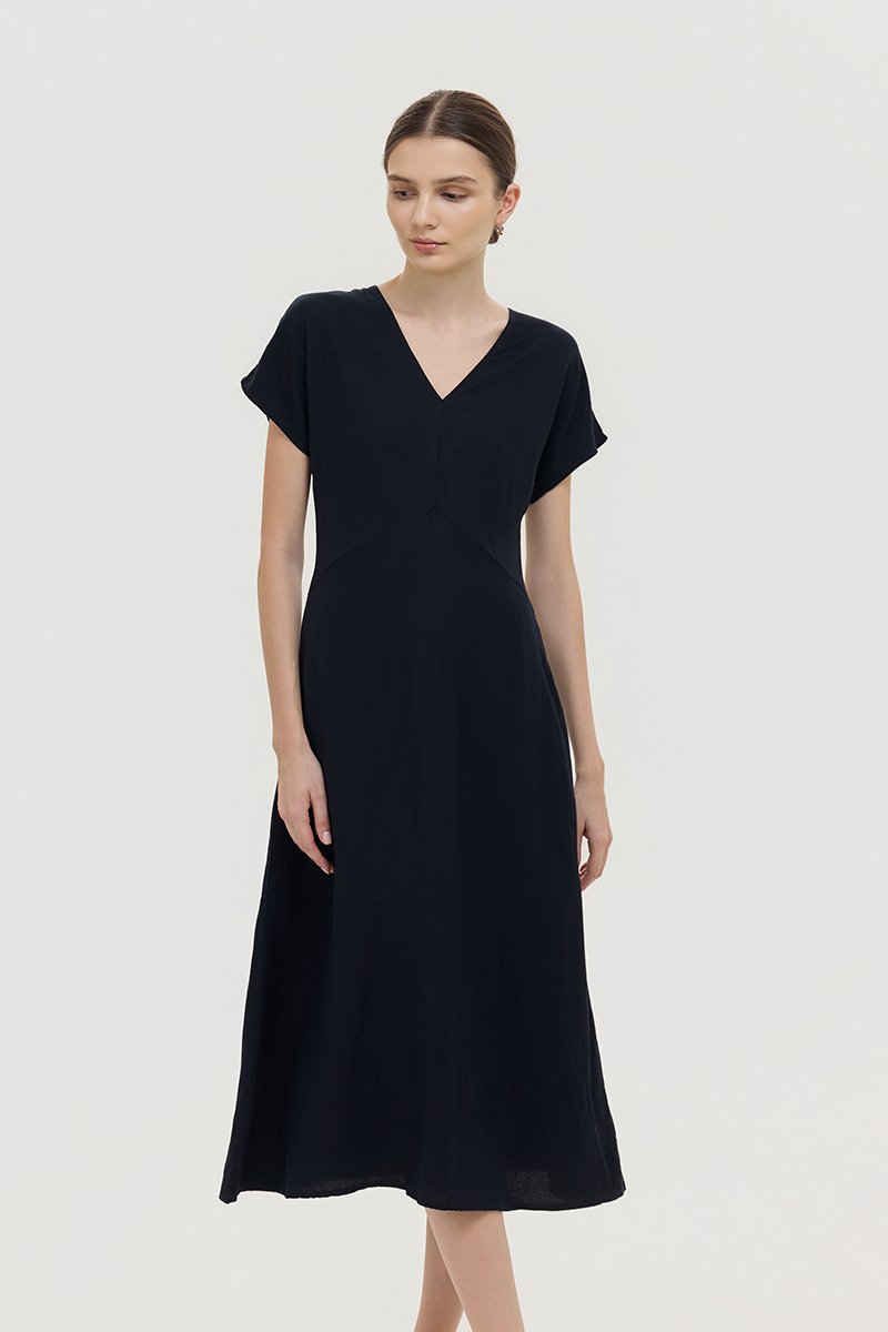 VERNESSA EMPIRE WAIST LINEN MIDI DRESS