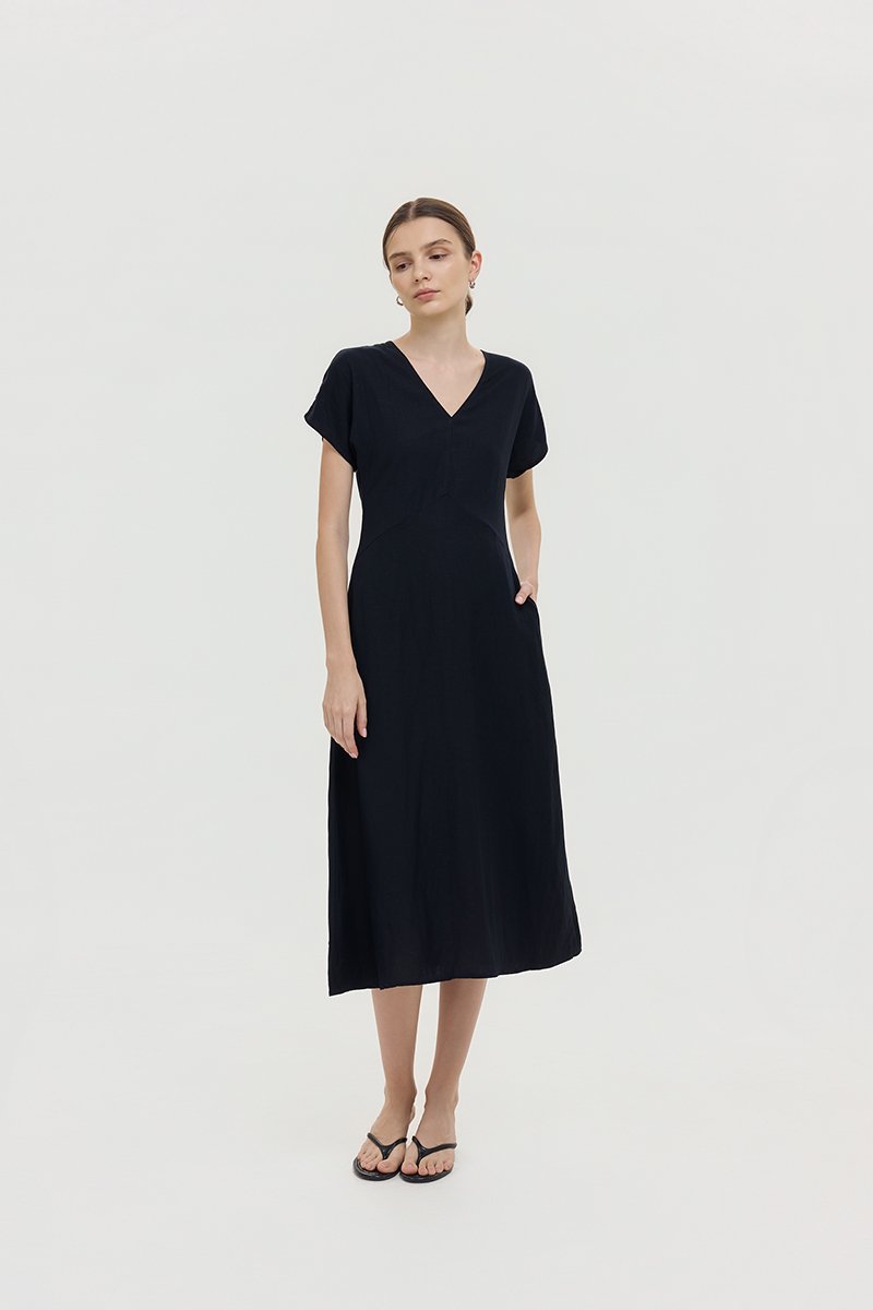 VERNESSA EMPIRE WAIST LINEN MIDI DRESS