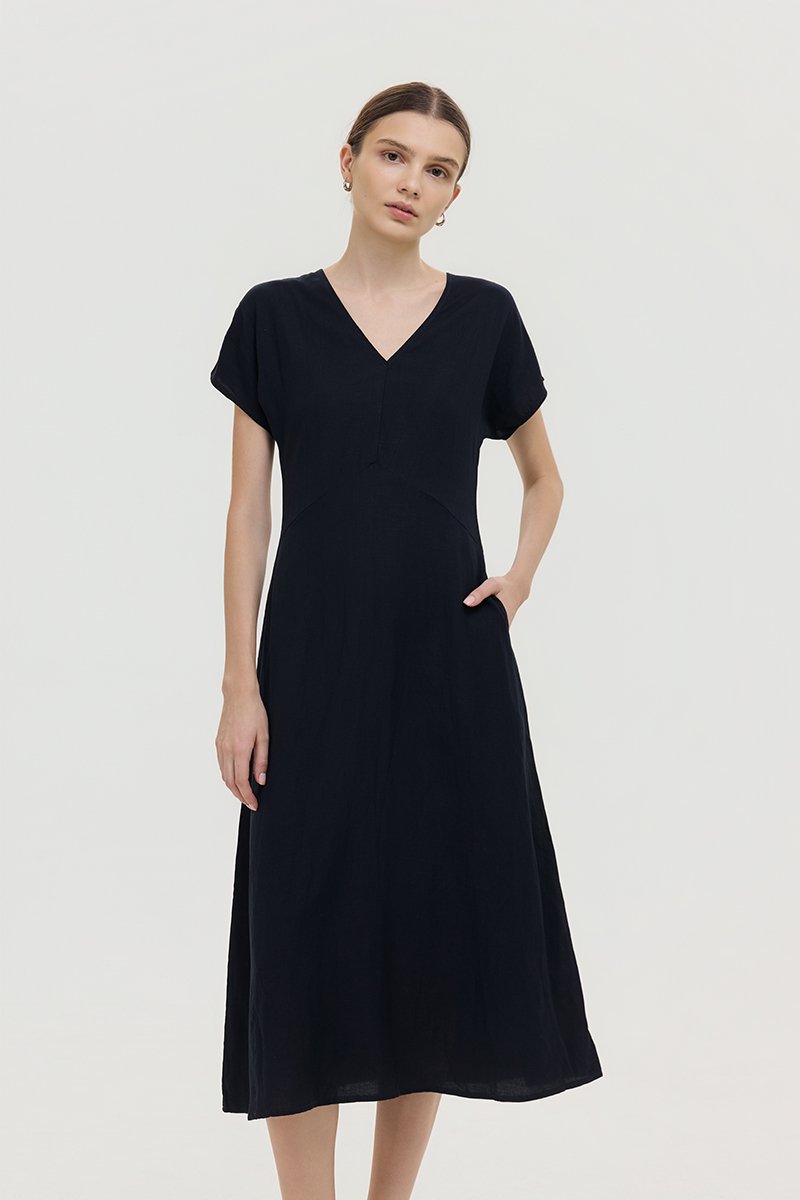 VERNESSA EMPIRE WAIST LINEN MIDI DRESS