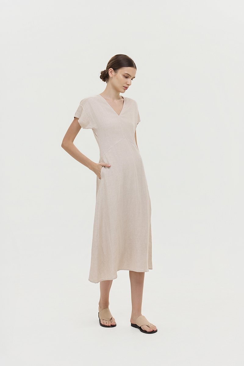 VERNESSA EMPIRE WAIST LINEN MIDI DRESS