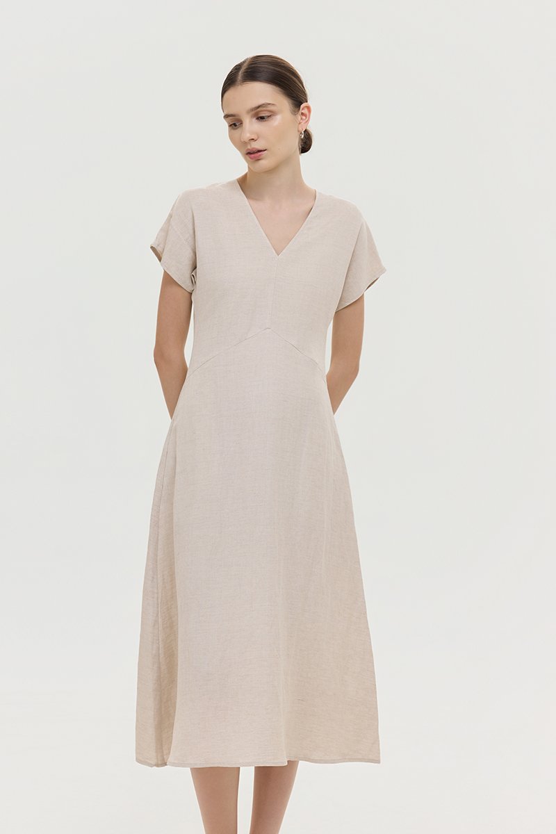 VERNESSA EMPIRE WAIST LINEN MIDI DRESS
