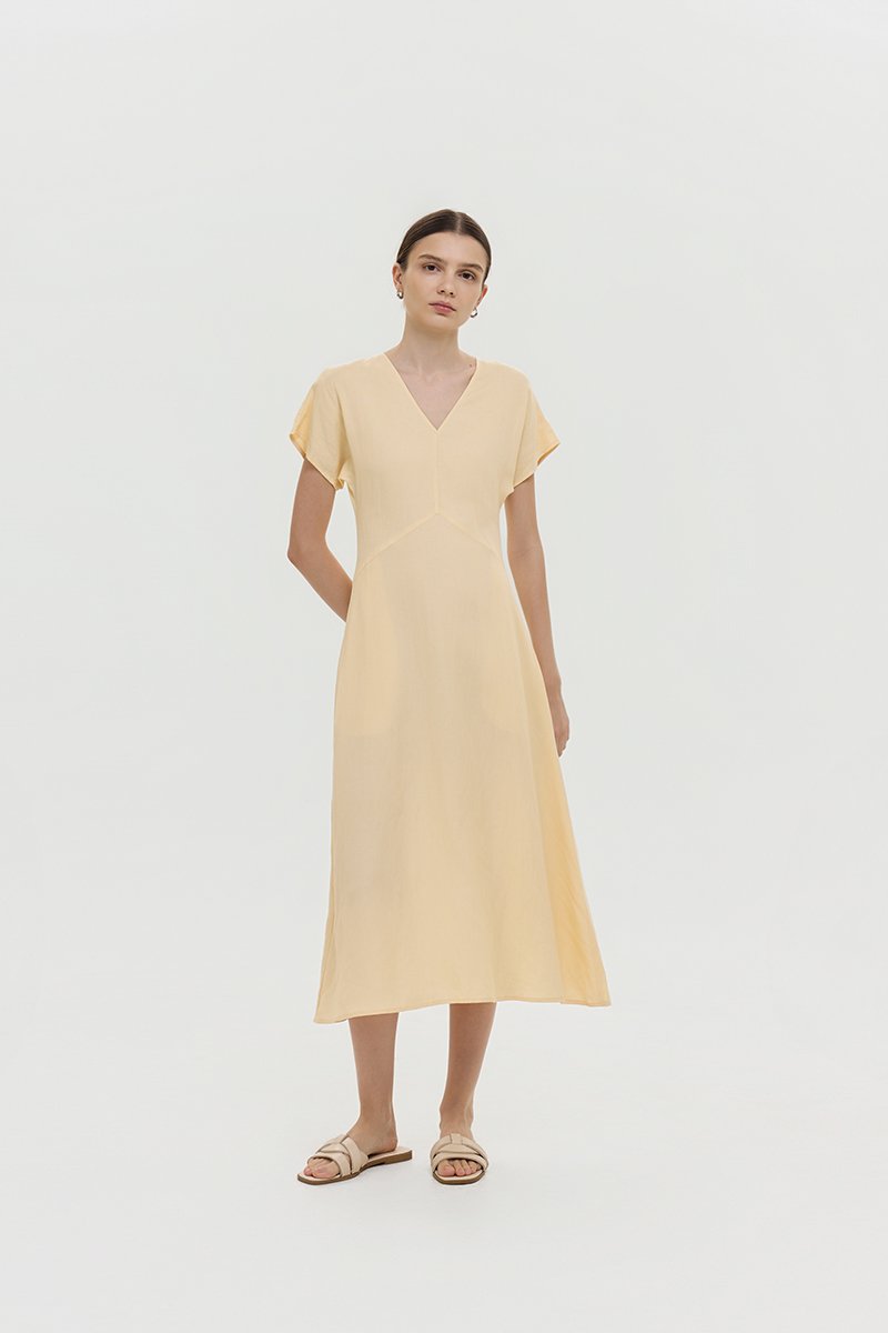 VERNESSA EMPIRE WAIST LINEN MIDI DRESS