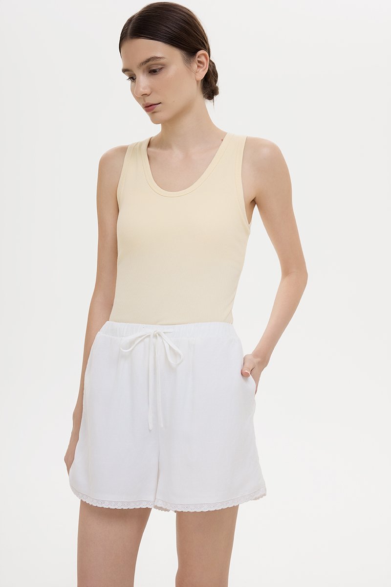 BELLA LACE TRIM DRAWSTRING LINEN SHORTS