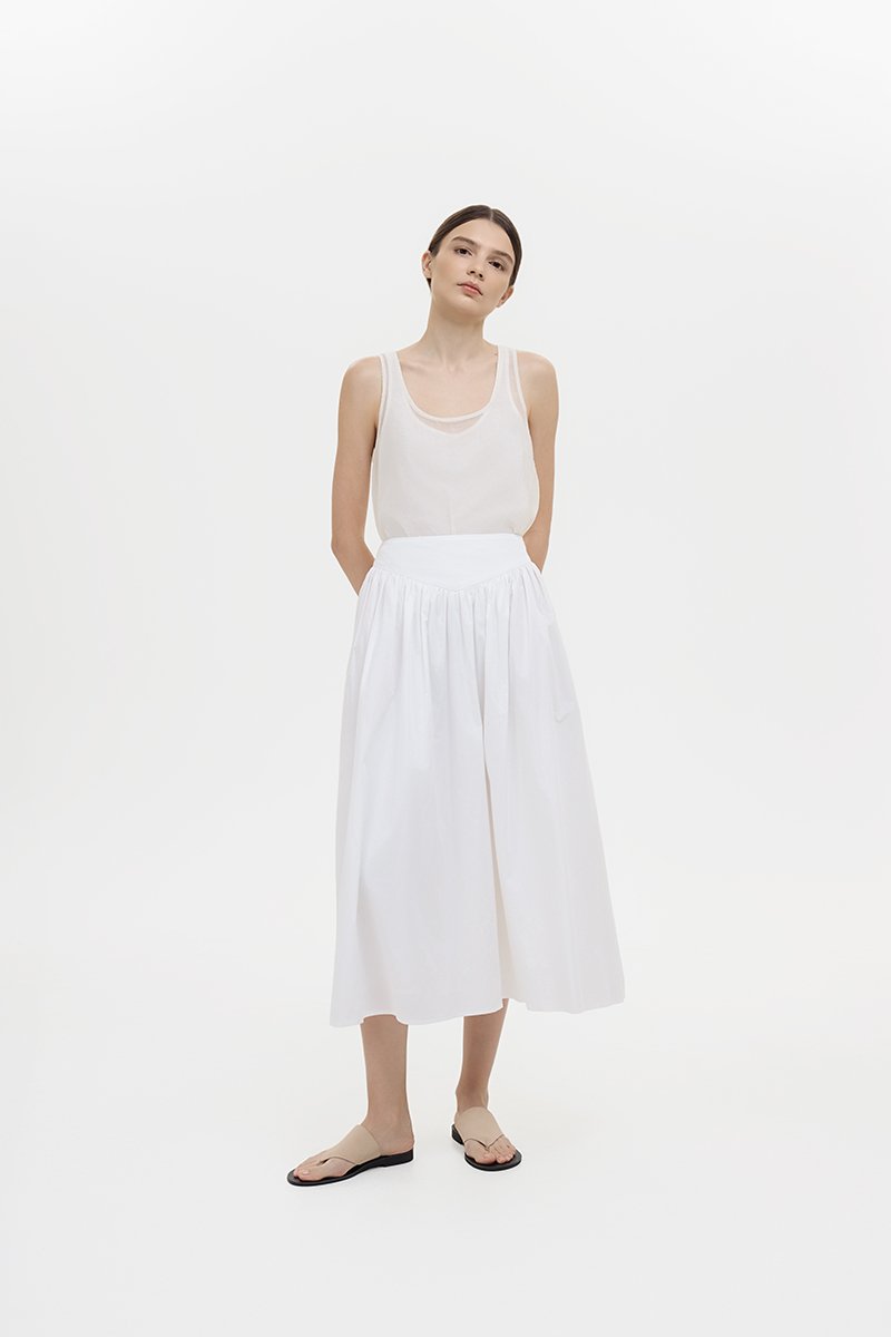 VEDA RUCHED HIGHWAIST FLARE MIDI SKIRT