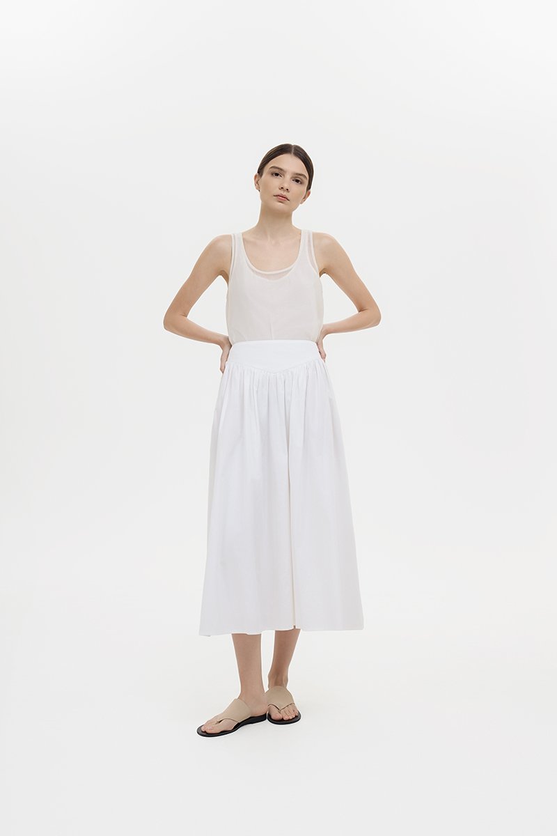 VEDA RUCHED HIGHWAIST FLARE MIDI SKIRT