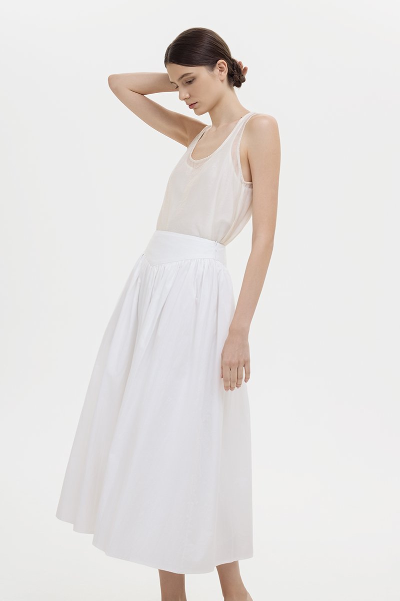 VEDA RUCHED HIGHWAIST FLARE MIDI SKIRT