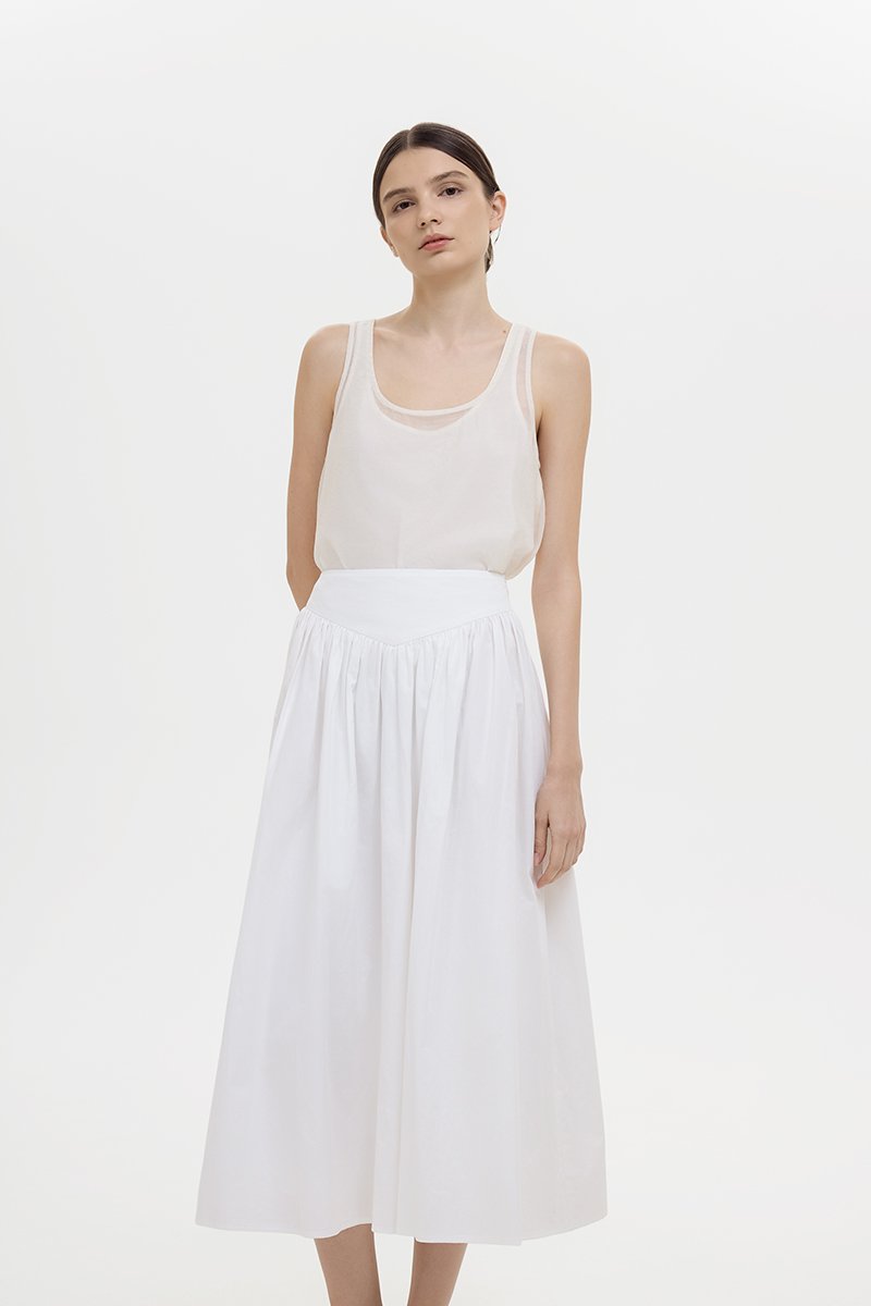 VEDA RUCHED HIGHWAIST FLARE MIDI SKIRT