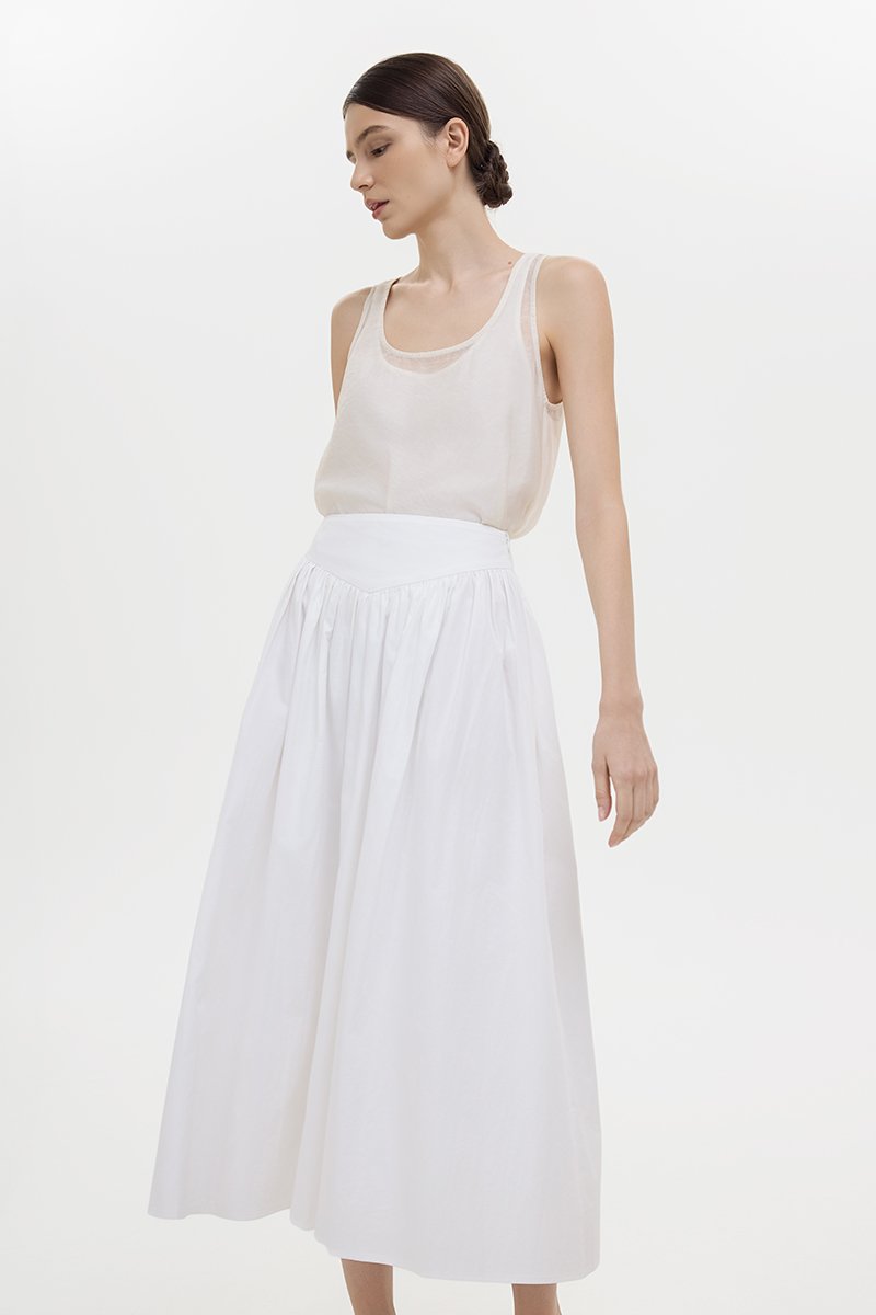 VEDA RUCHED HIGHWAIST FLARE MIDI SKIRT