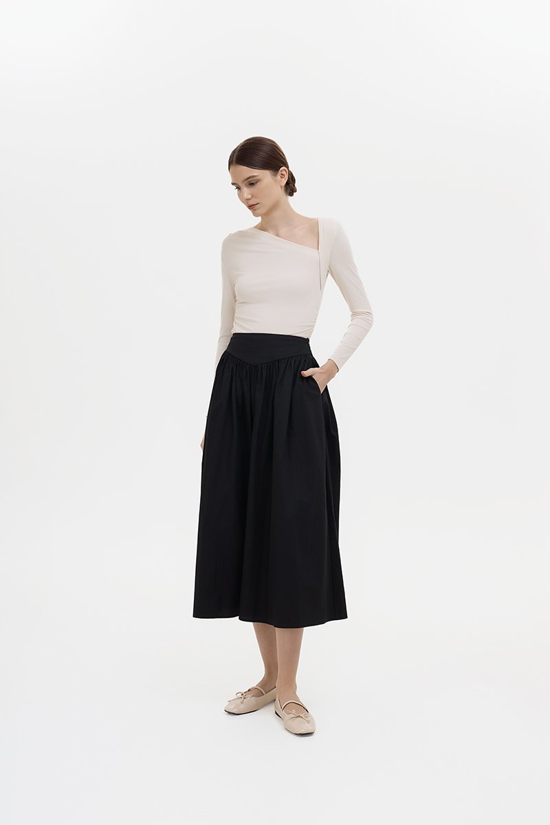 VEDA RUCHED HIGHWAIST FLARE MIDI SKIRT