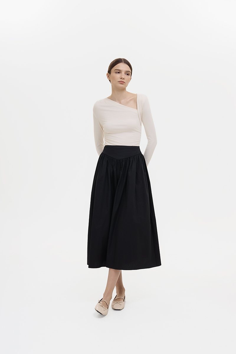 VEDA RUCHED HIGHWAIST FLARE MIDI SKIRT