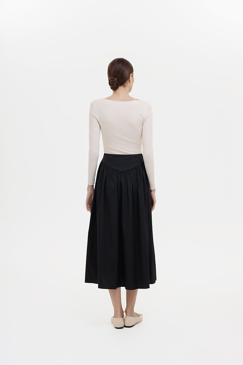 VEDA RUCHED HIGHWAIST FLARE MIDI SKIRT