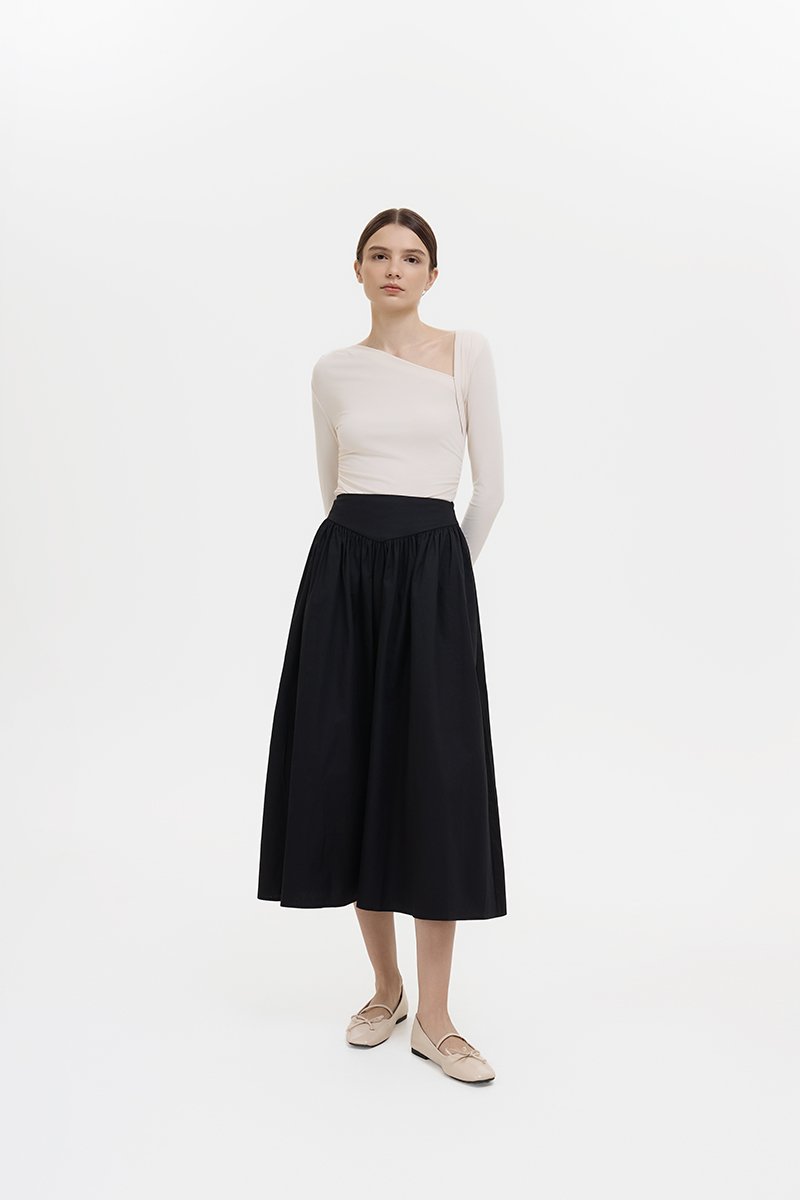 VEDA RUCHED HIGHWAIST FLARE MIDI SKIRT