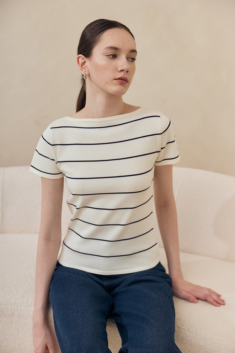 BRIGETTE BOAT NECK STRIPED KNIT TOP