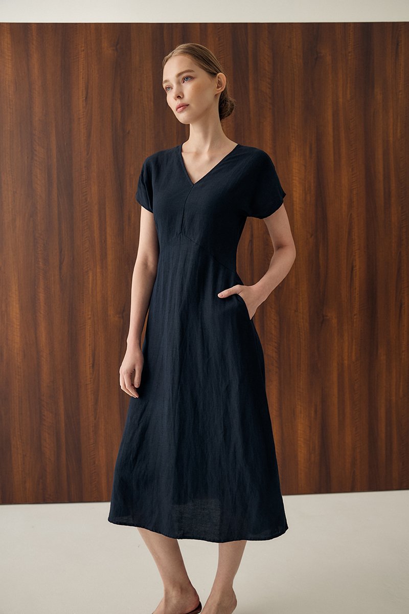 VERNESSA EMPIRE WAIST LINEN MIDI DRESS