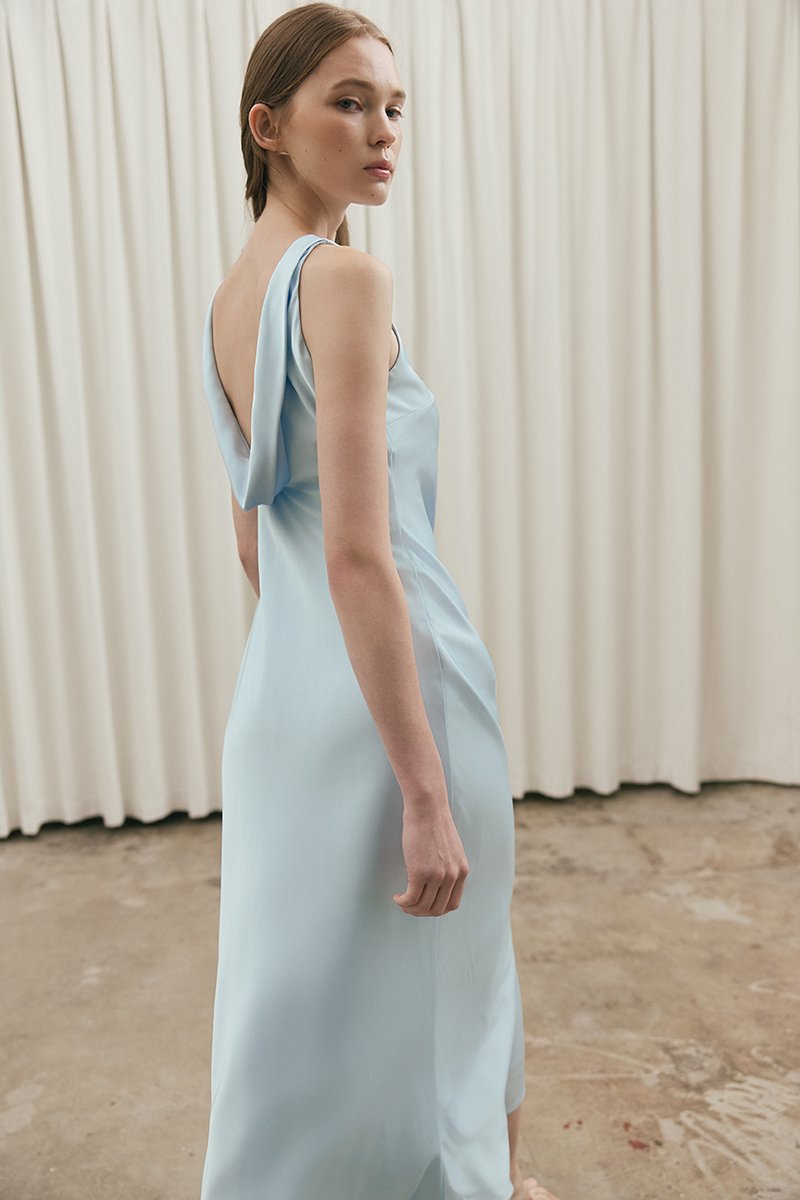 REISSA COWL BACK DRAPE SATIN DRESS