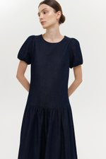 JEANIE PUFF SLEEVE DENIM MIDI DRESS