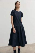 JEANIE PUFF SLEEVE DENIM MIDI DRESS