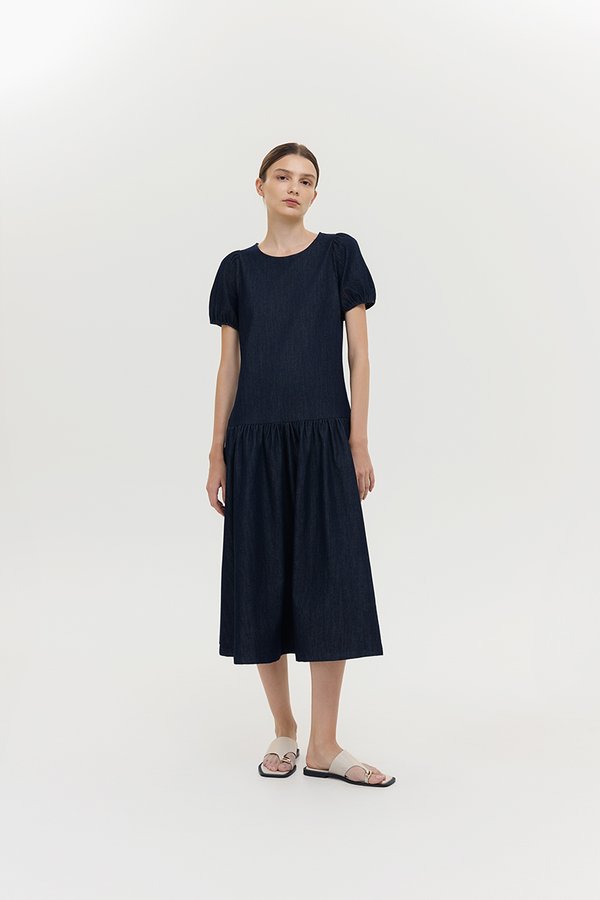 JEANIE PUFF SLEEVE DENIM MIDI DRESS