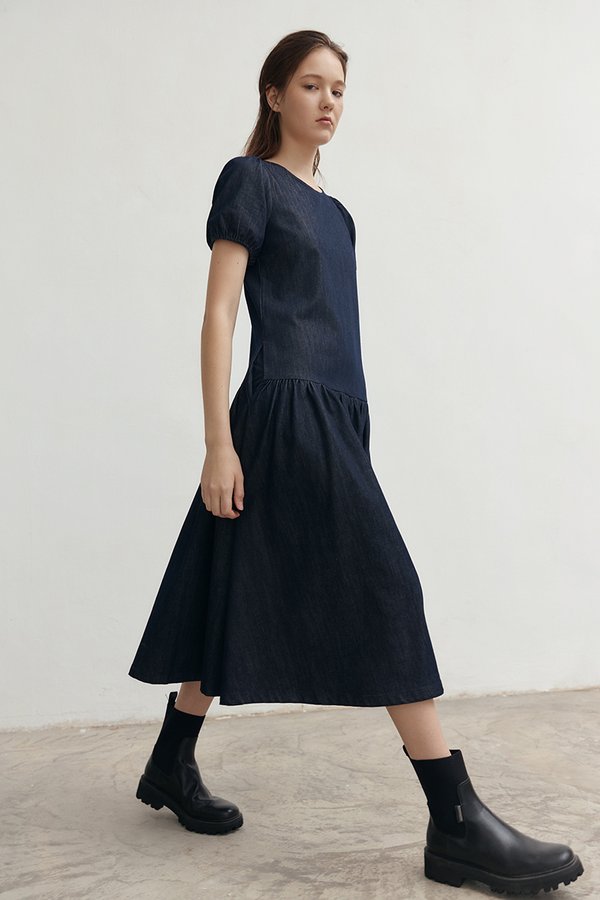 JEANIE PUFF SLEEVE DENIM MIDI DRESS