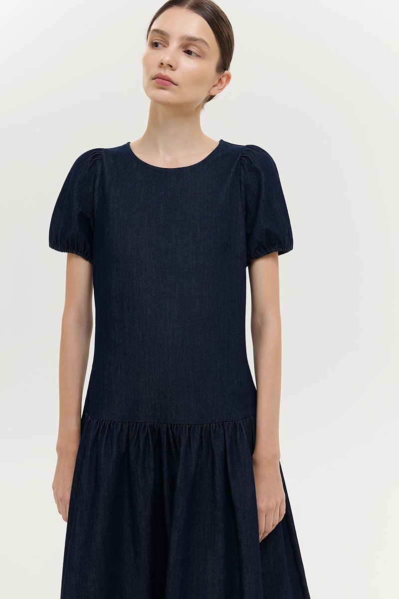 JEANIE PUFF SLEEVE DENIM MIDI DRESS