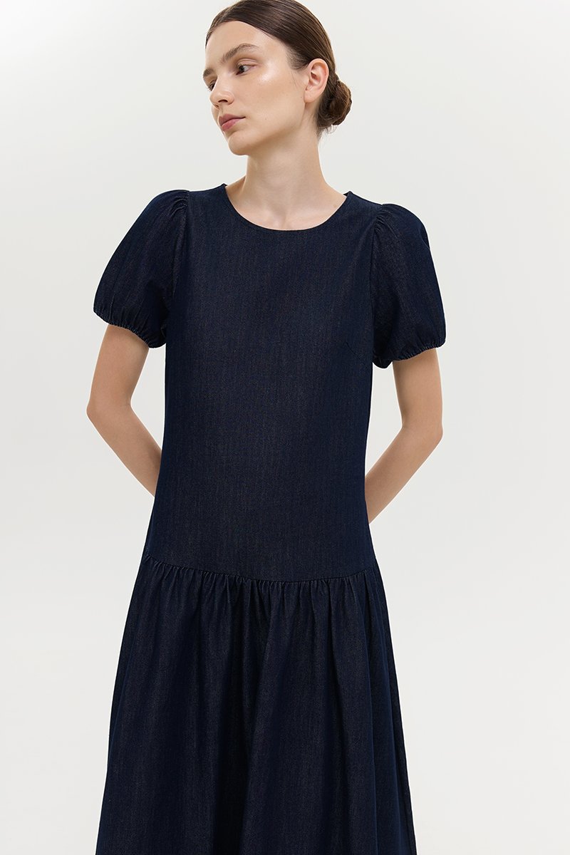 JEANIE PUFF SLEEVE DENIM MIDI DRESS