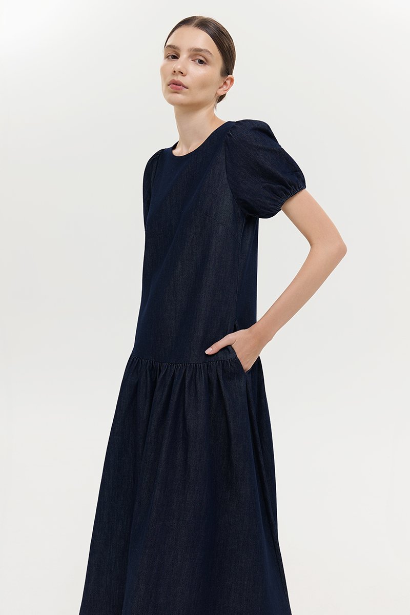 JEANIE PUFF SLEEVE DENIM MIDI DRESS