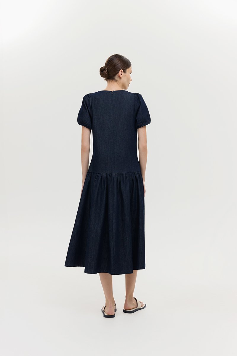 JEANIE PUFF SLEEVE DENIM MIDI DRESS