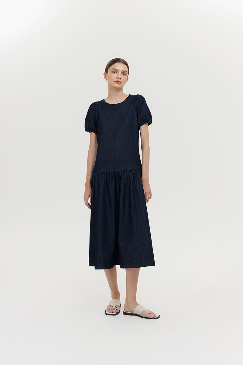 JEANIE PUFF SLEEVE DENIM MIDI DRESS