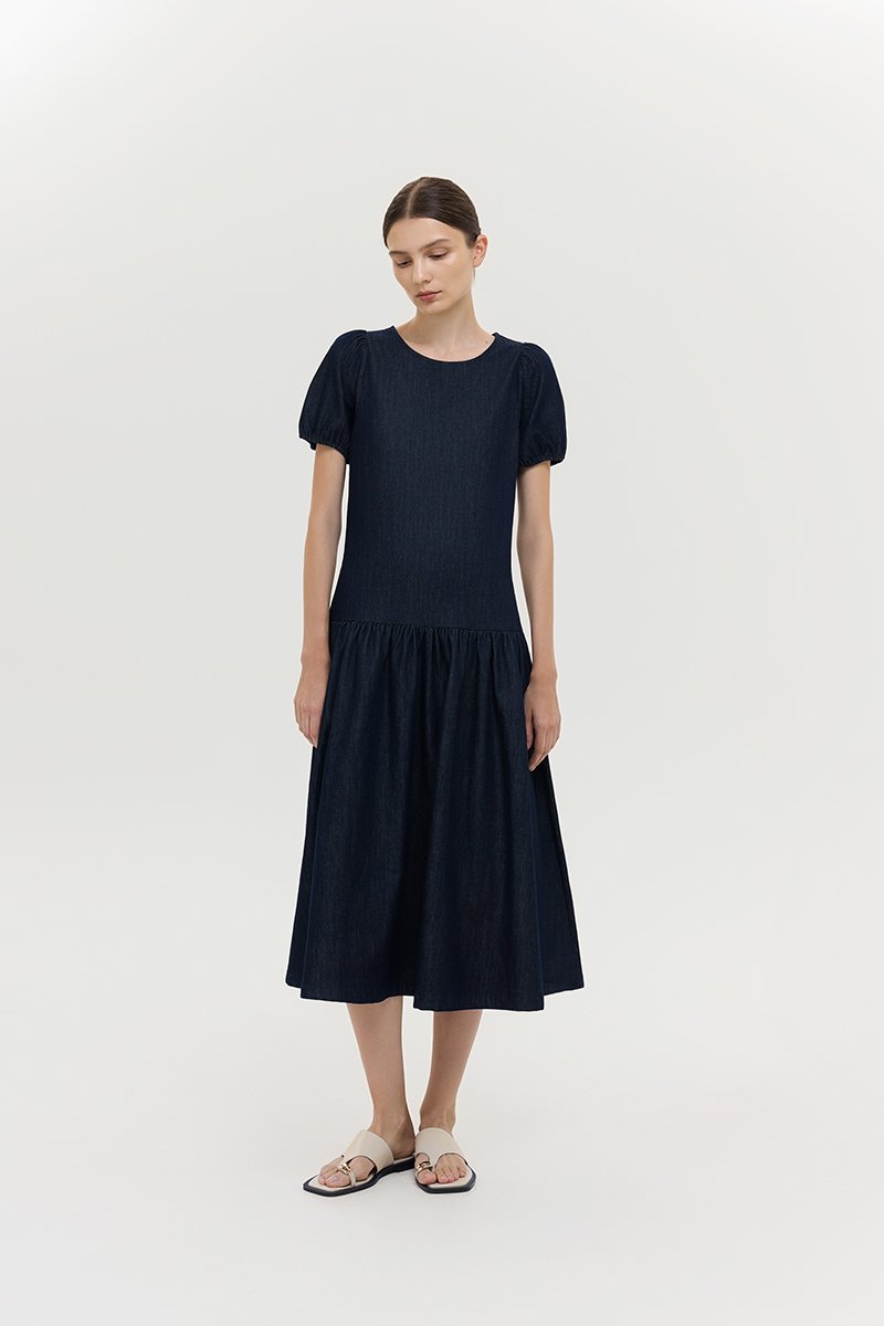 JEANIE PUFF SLEEVE DENIM MIDI DRESS