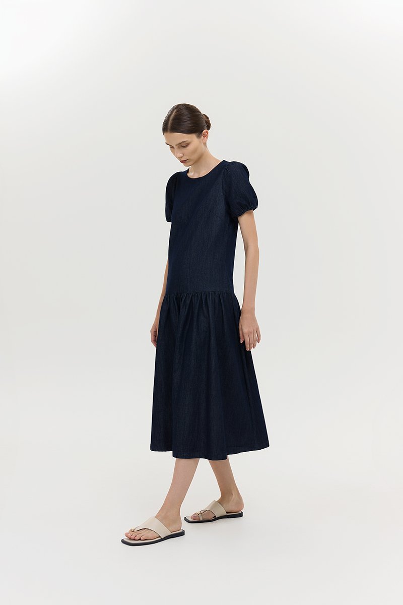 JEANIE PUFF SLEEVE DENIM MIDI DRESS