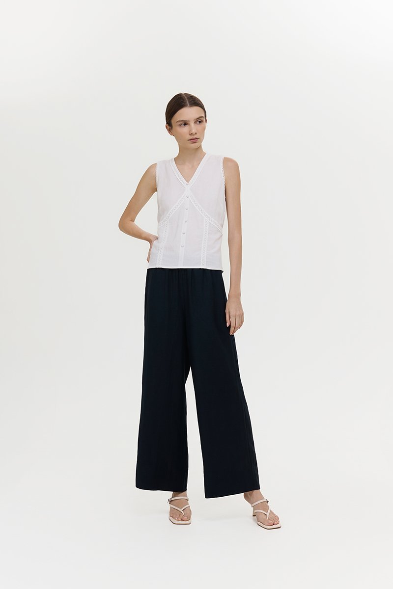 NELLIE CROCHET TRIM TIE BACK LINEN TOP