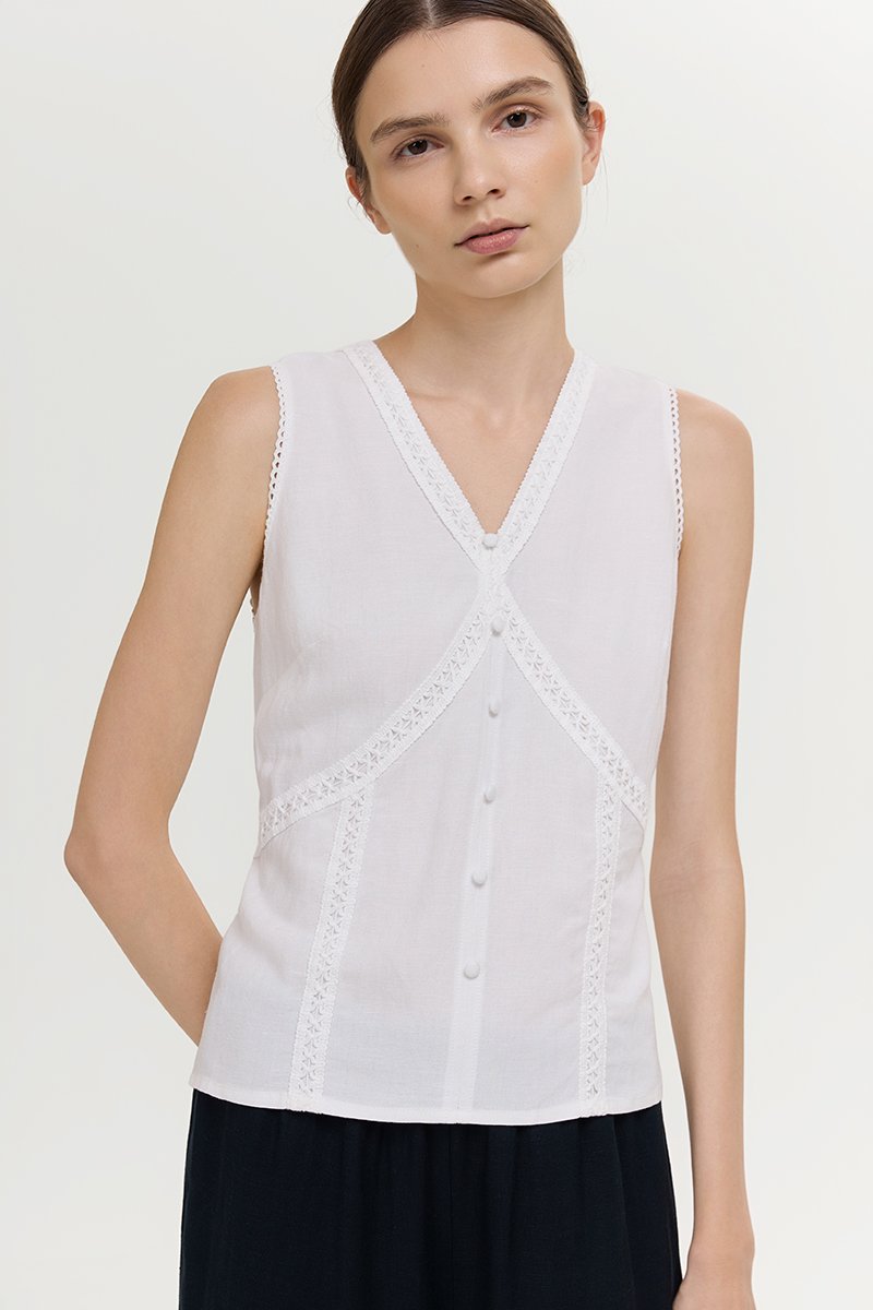 NELLIE CROCHET TRIM TIE BACK LINEN TOP