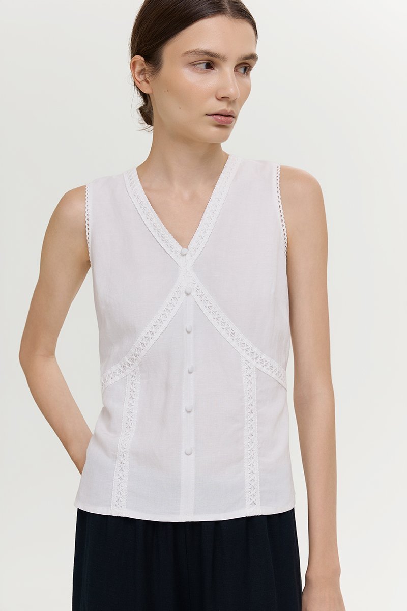 NELLIE CROCHET TRIM TIE BACK LINEN TOP
