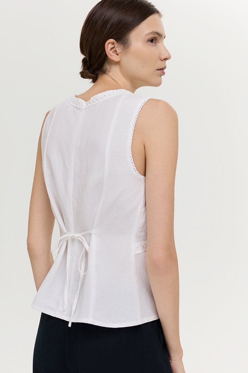 NELLIE CROCHET TRIM TIE BACK LINEN TOP