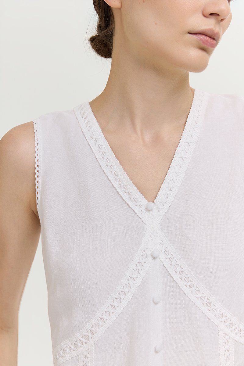 NELLIE CROCHET TRIM TIE BACK LINEN TOP