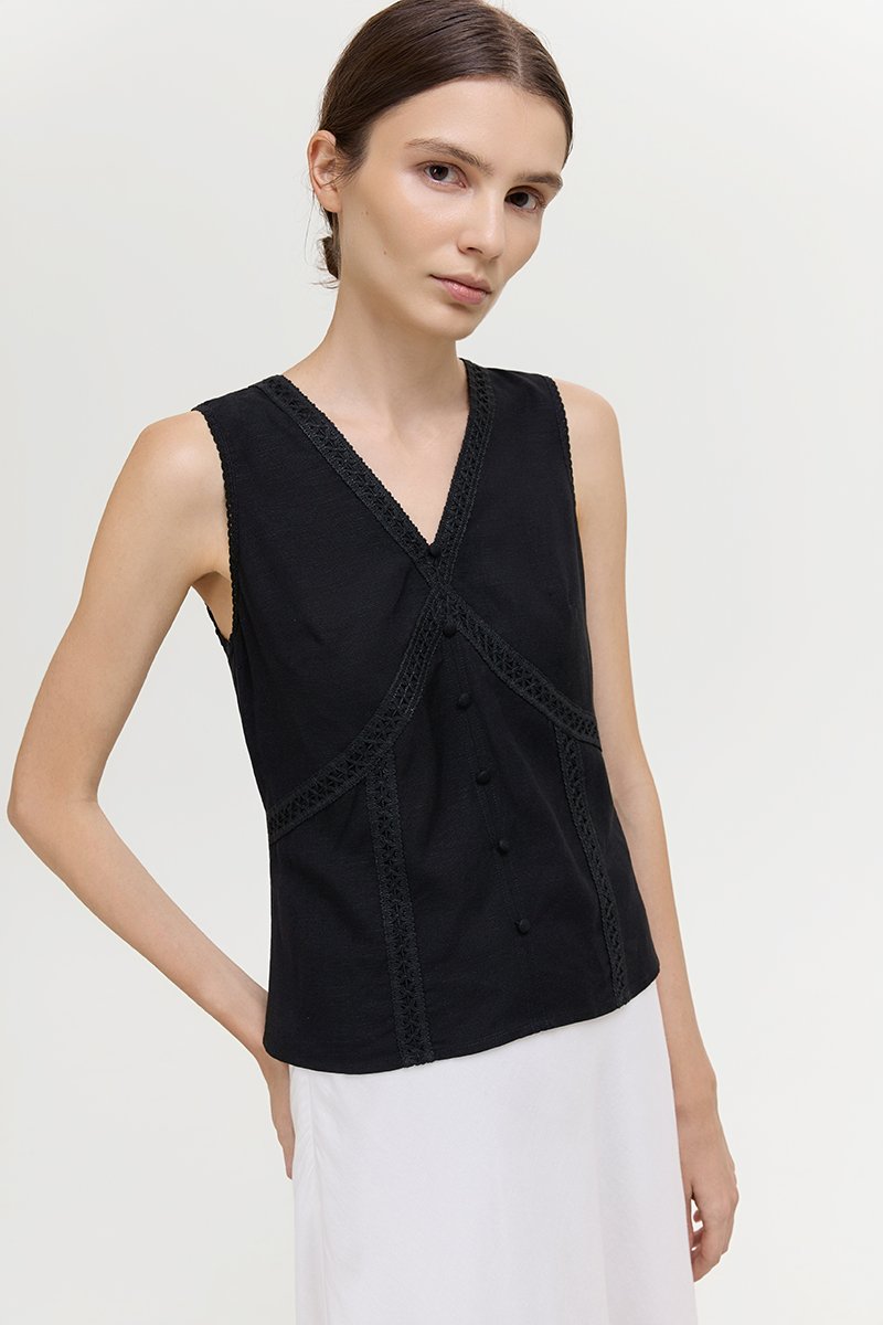 NELLIE CROCHET TRIM TIE BACK LINEN TOP
