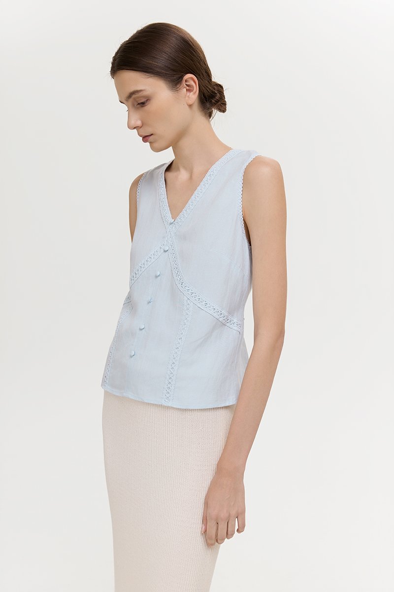 NELLIE CROCHET TRIM TIE BACK LINEN TOP