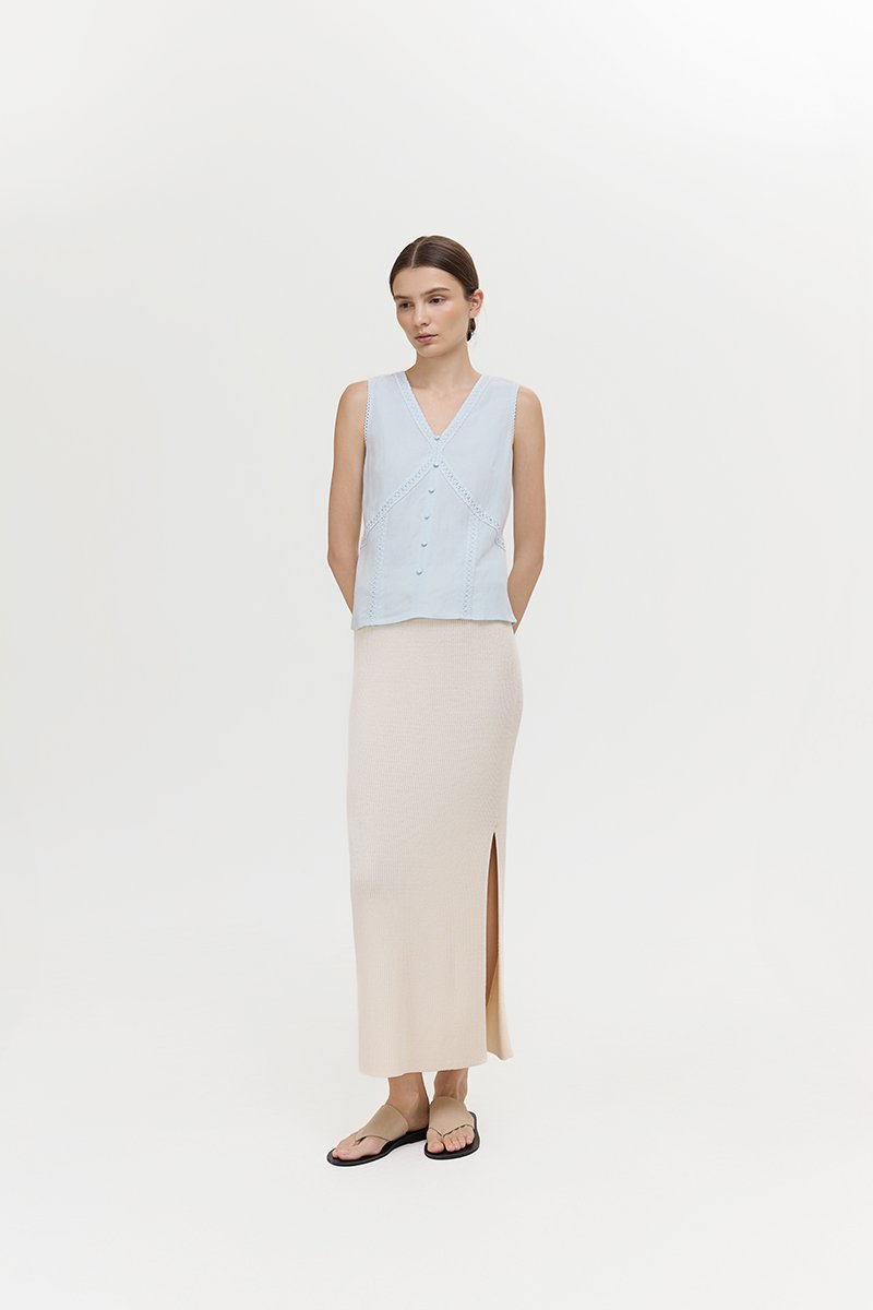NELLIE CROCHET TRIM TIE BACK LINEN TOP