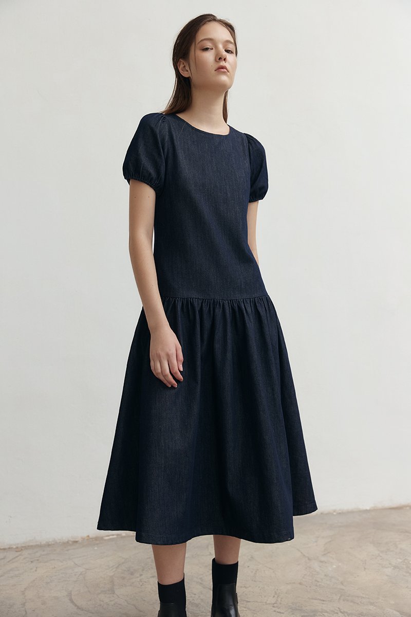 JEANIE PUFF SLEEVE DENIM MIDI DRESS