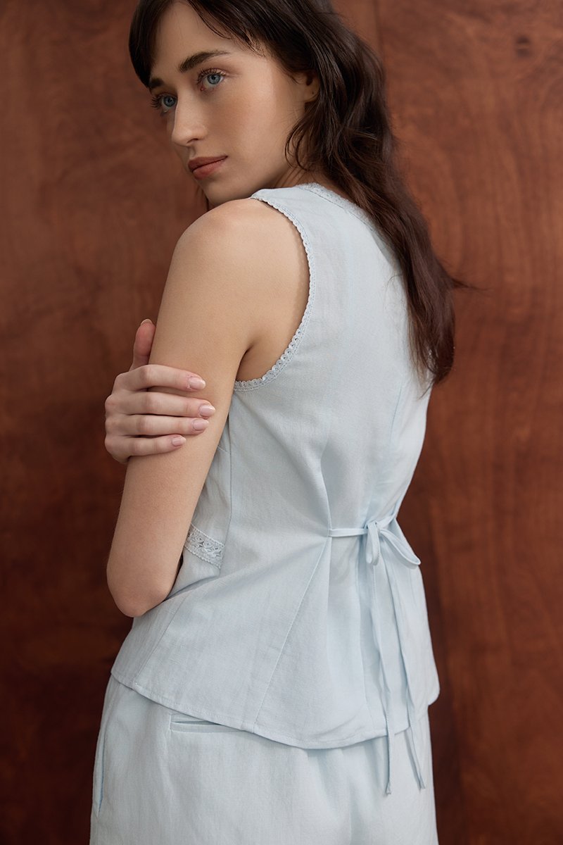 NELLIE CROCHET TRIM TIE BACK LINEN TOP