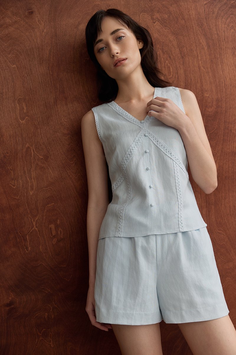 NELLIE CROCHET TRIM TIE BACK LINEN TOP