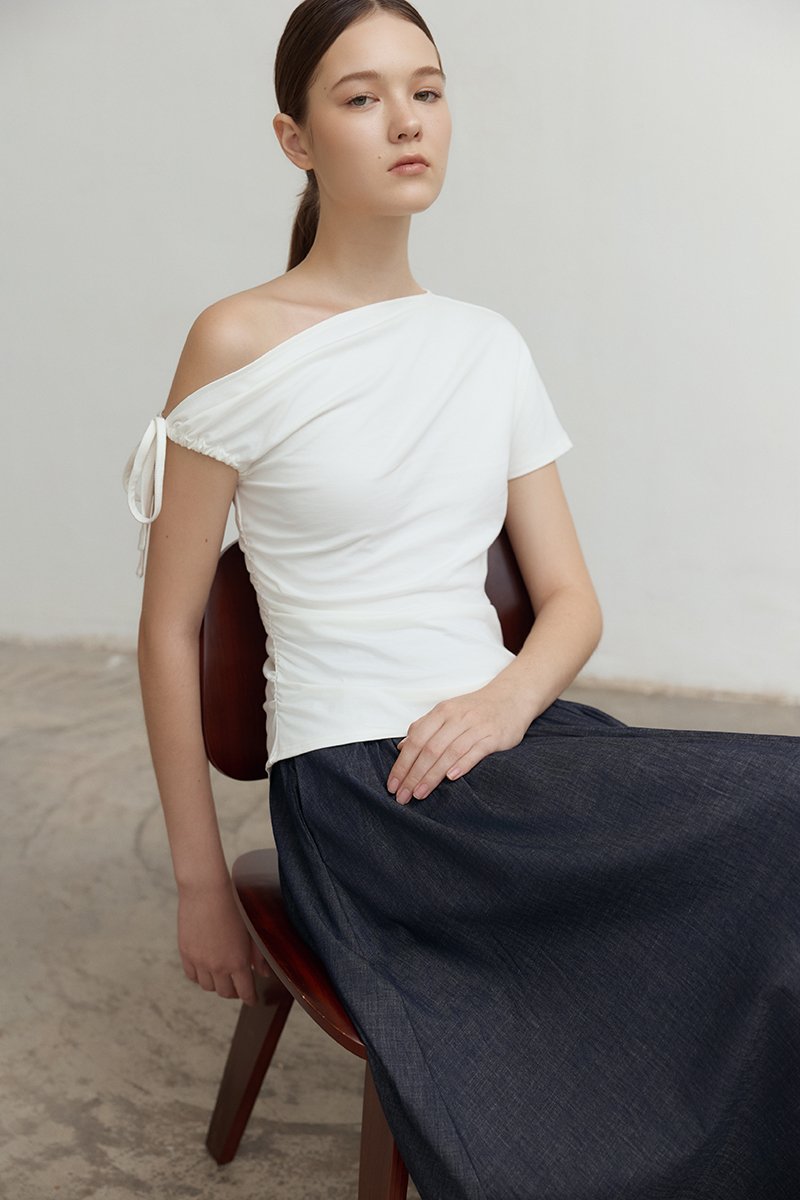 WINNIE ASYMMETRIC OFF SHOULDER RUCHED TOP
