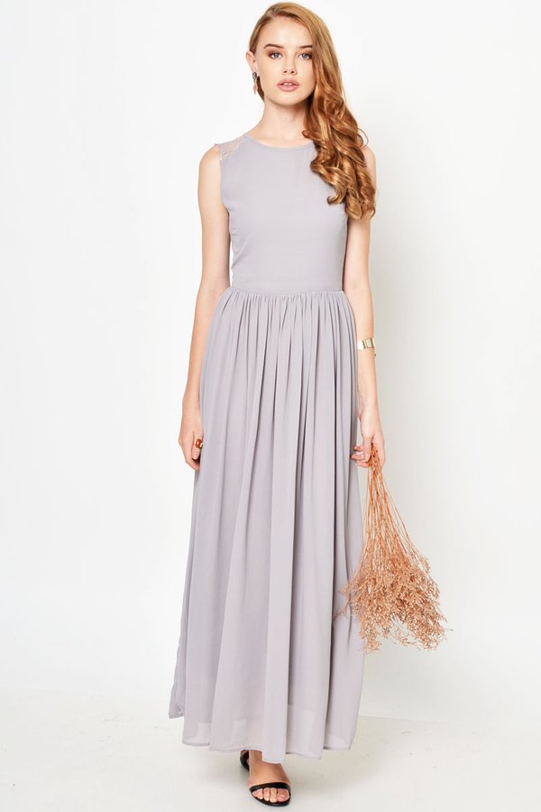 LAVONNE LACE PLEAT MAXI DRESS GREY LAVONNE LACE PLEAT MAXI DRESS GREY