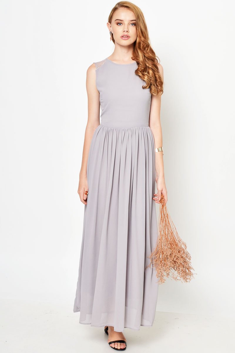 LAVONNE LACE PLEAT MAXI DRESS GREY