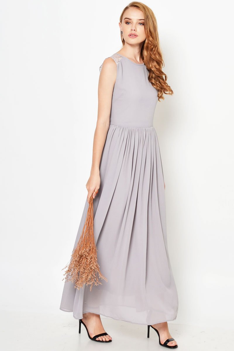 LAVONNE LACE PLEAT MAXI DRESS GREY