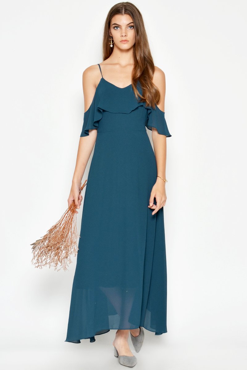 MISA OFFSHOULDER MIDI DRESS TEAL