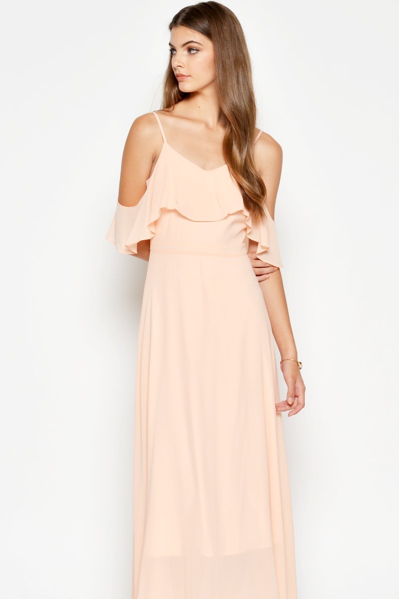 MISA OFFSHOULDER MIDI DRESS PEACH