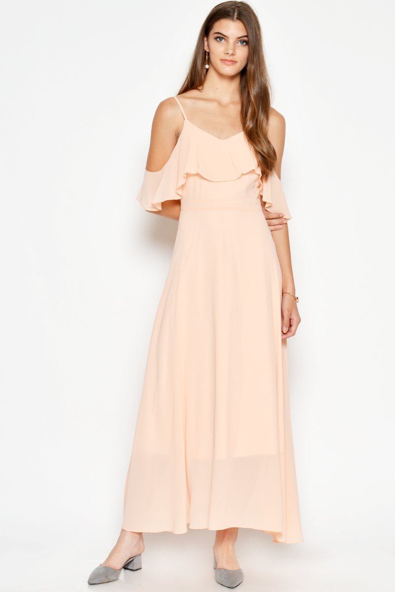 MISA OFFSHOULDER MIDI DRESS PEACH