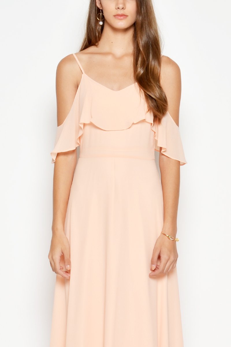MISA OFFSHOULDER MIDI DRESS PEACH