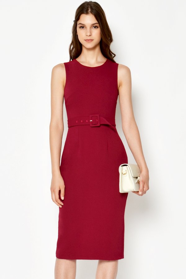 XYLIA MIDI SHEATH DRESS W BELT WINE XYLIA MIDI SHEATH DRESS W BELT WINE